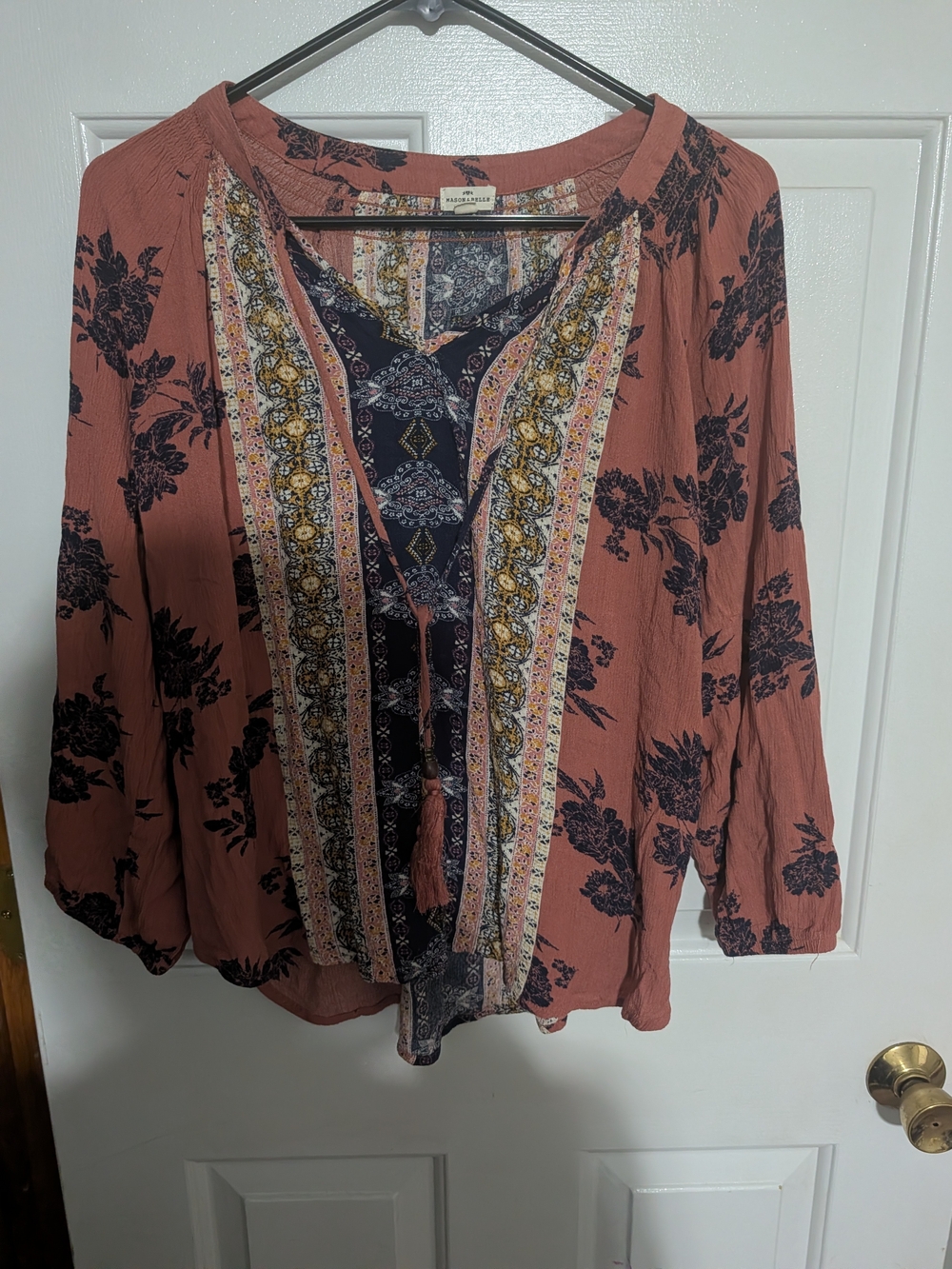 Mason & Belle Boho Floral Tapestry Print Tassel Peasant Blouse Size L